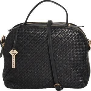 Giorgia Milani Womens Black Leather Strap Handle Woven Satchel Handbag